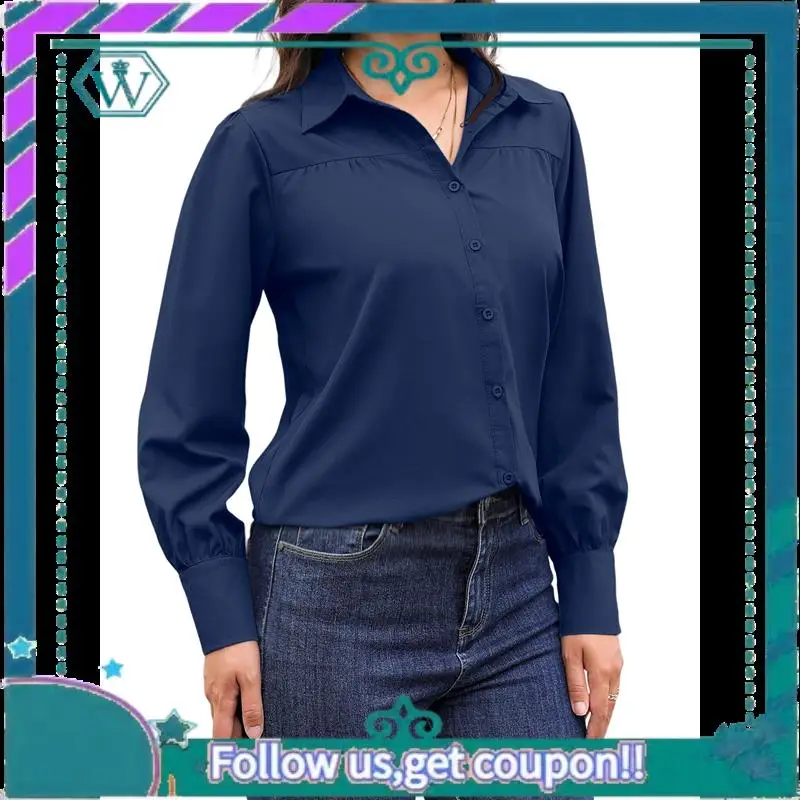 A09P Womens Long Sleeve Dressy Casual Button Down Collared Tops Elegant Pleated Front Work Blouse