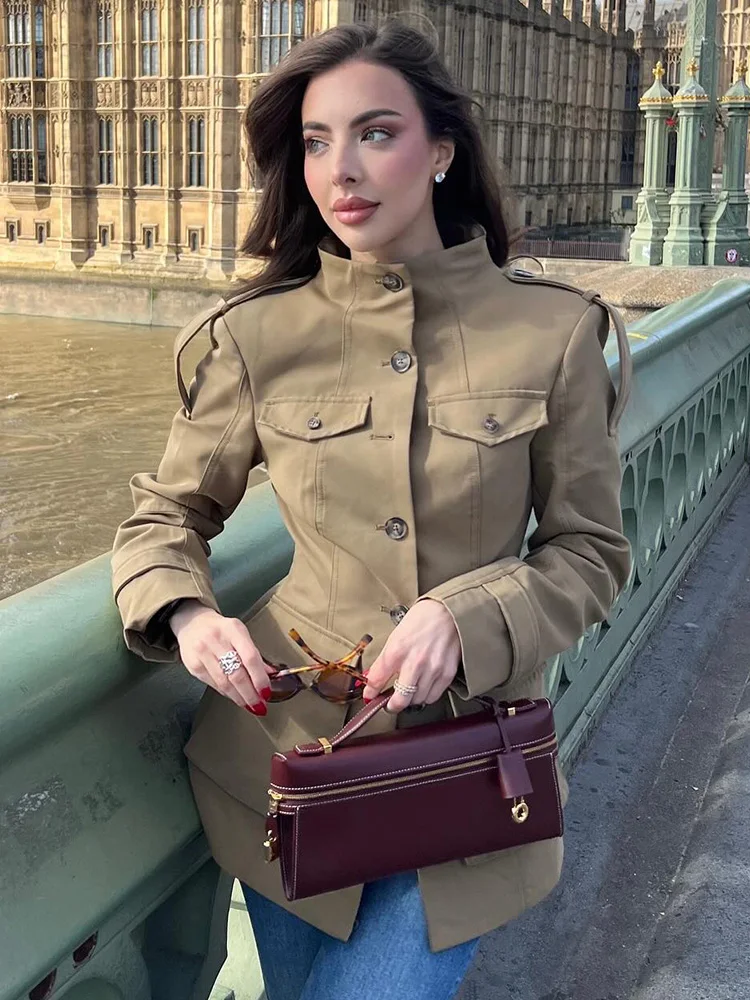 

HH Autumn Women's Long Sleeves High Neck Pockets Single Breasted Decorate Slim Coats Woman Elegant Street Style Casual Jacket