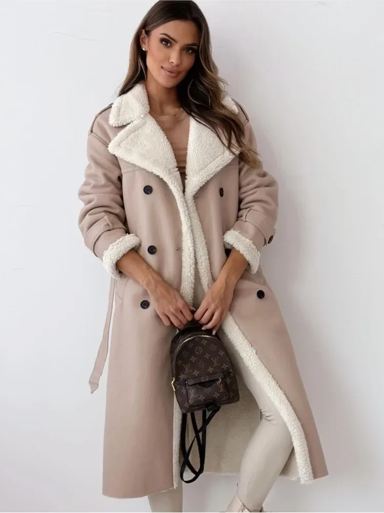 

With Belt Warm Overcoat Autumn Winter New Fashion Faux Leather Woolen Coats Women Solid Color Turn-down Collar Mid-length Jacket
