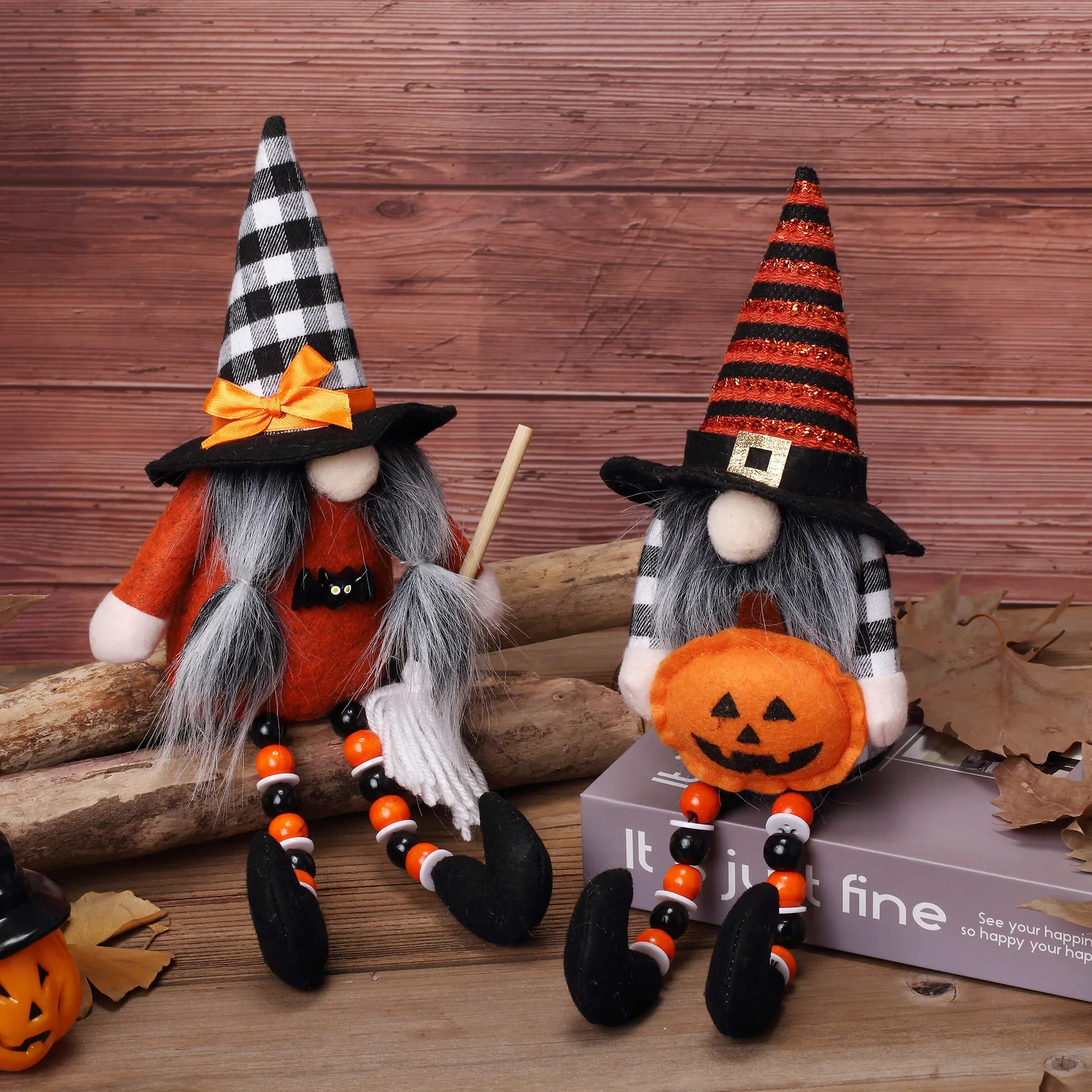 New Halloween Long Legs Faceless Doll Dwarf Wooden Bead Legs Pumpkin Broom Goblin Doll Ornament