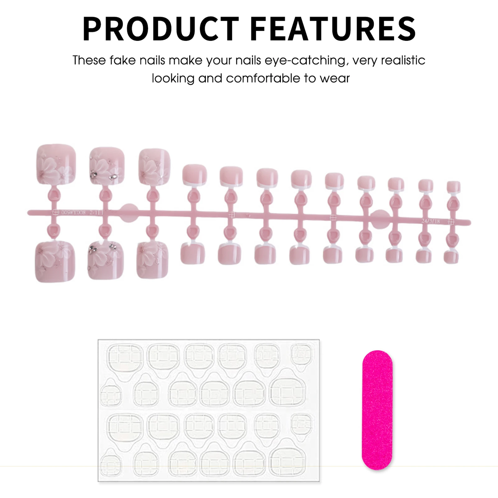 24개 여름용 프레스온 발톱 누드 컬러 화이트 프렌치 팁 가짜 발톱 꽃무늬 다이아몬드 디자인 풀커버 인조 발톱