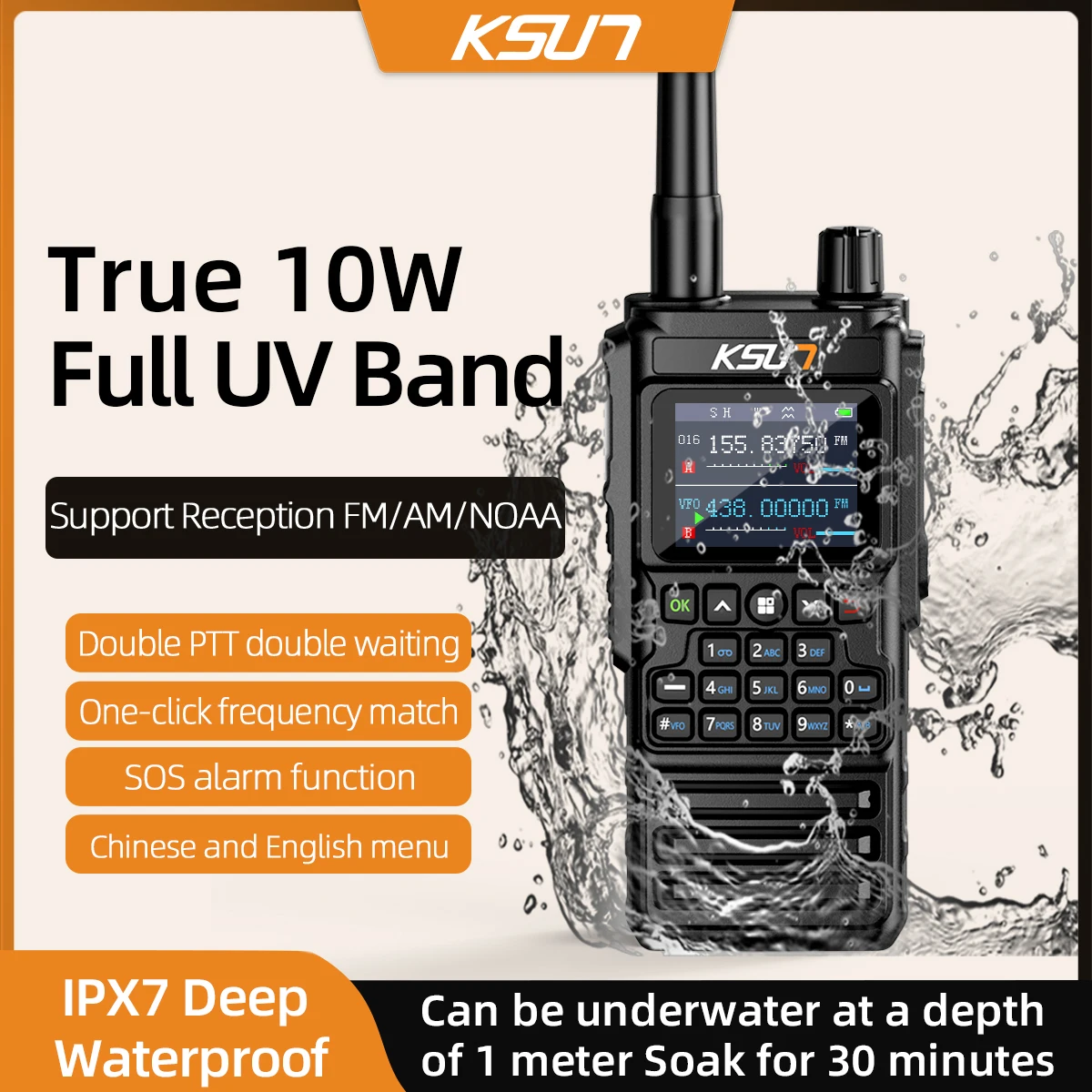 

Waterproof Walkie Talkie SOS Alert UHF VHF Full Band Two-Way Radio One-Touch Decoding Professional Handheld for Hiking Camping