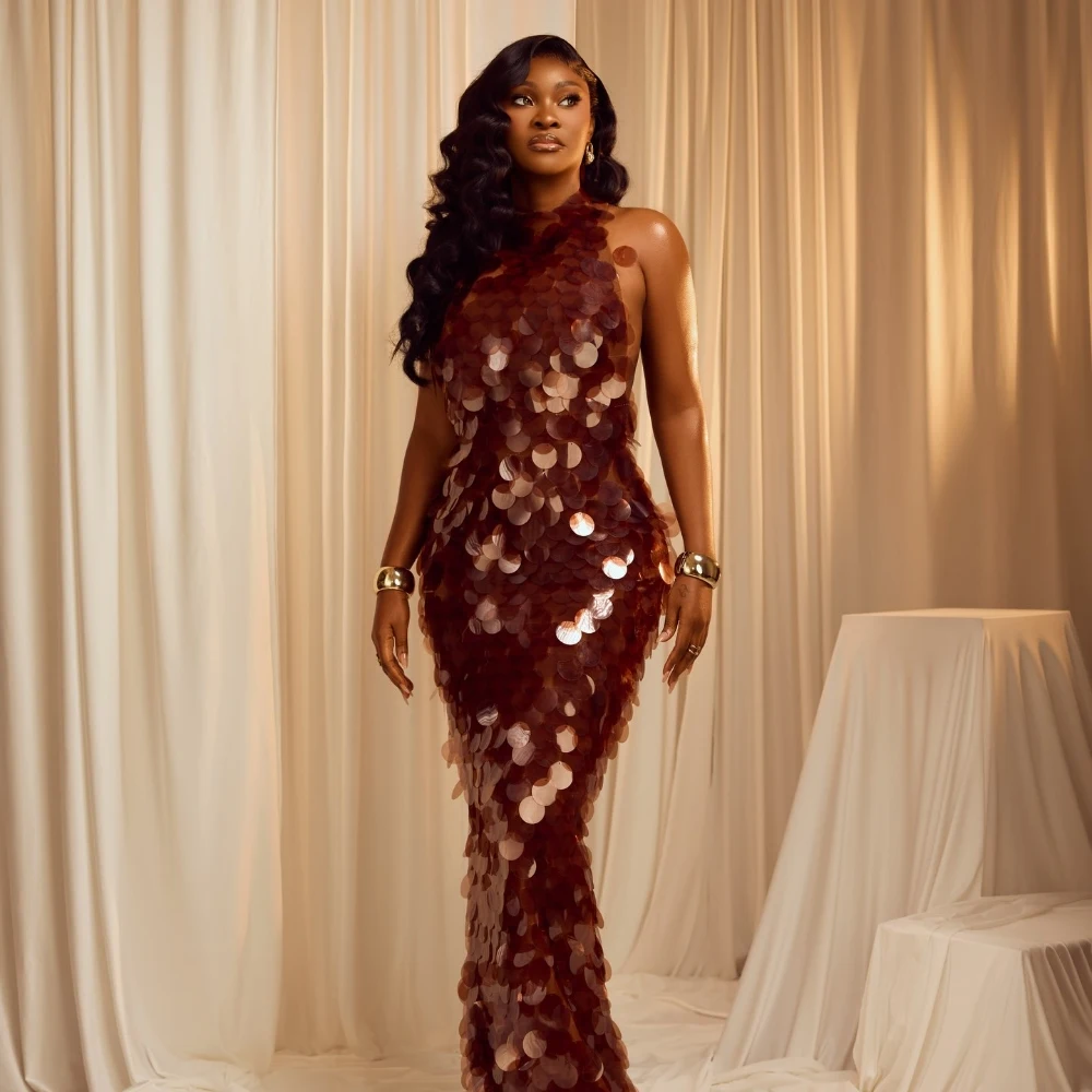 Sexy Women Halter Neck Bodycon Dress 2026 Trendy Backless Mermaid Evening Party Cocktail Long Maxi Gown with 3D Scale Sequins