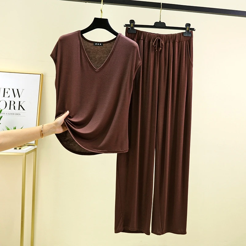 Conjunto de salón liso de Modal, chaleco sin mangas con cuello en V y pantalón largo elástico, tela transpirable, ajuste suave al tacto, ropa de casa para mujer
