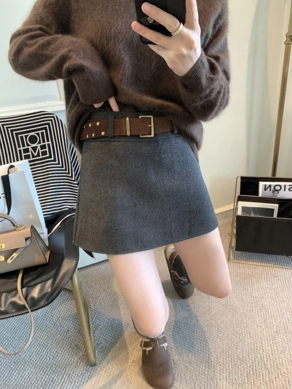 

Ele High Waist Woolen Skirt Women's Faion Korean Sle Winter Slimming Wrap around Skirt Casual Commute Wear