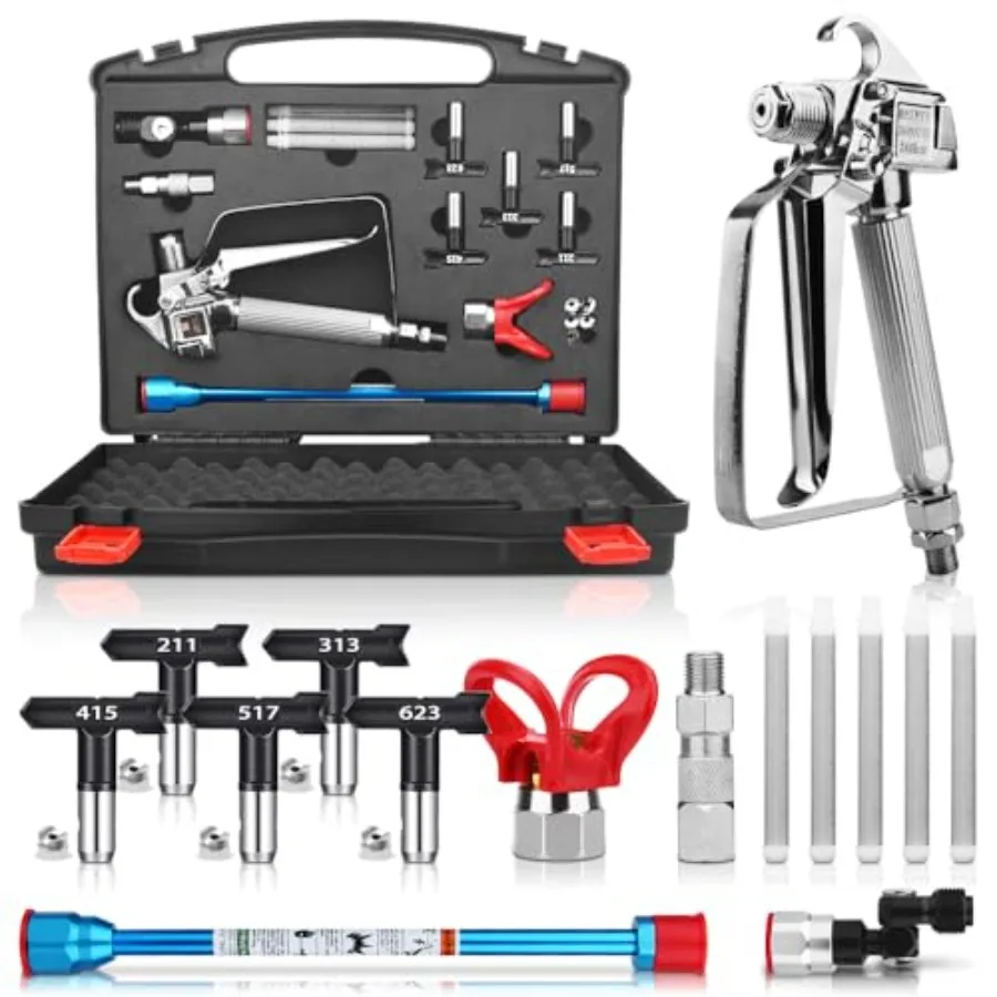 

Набор из 16 предметов для безвоздушного распыления краски: пистолет-распылитель 3600 PSI, сопло, фильтры и поворотный соединитель для шланга