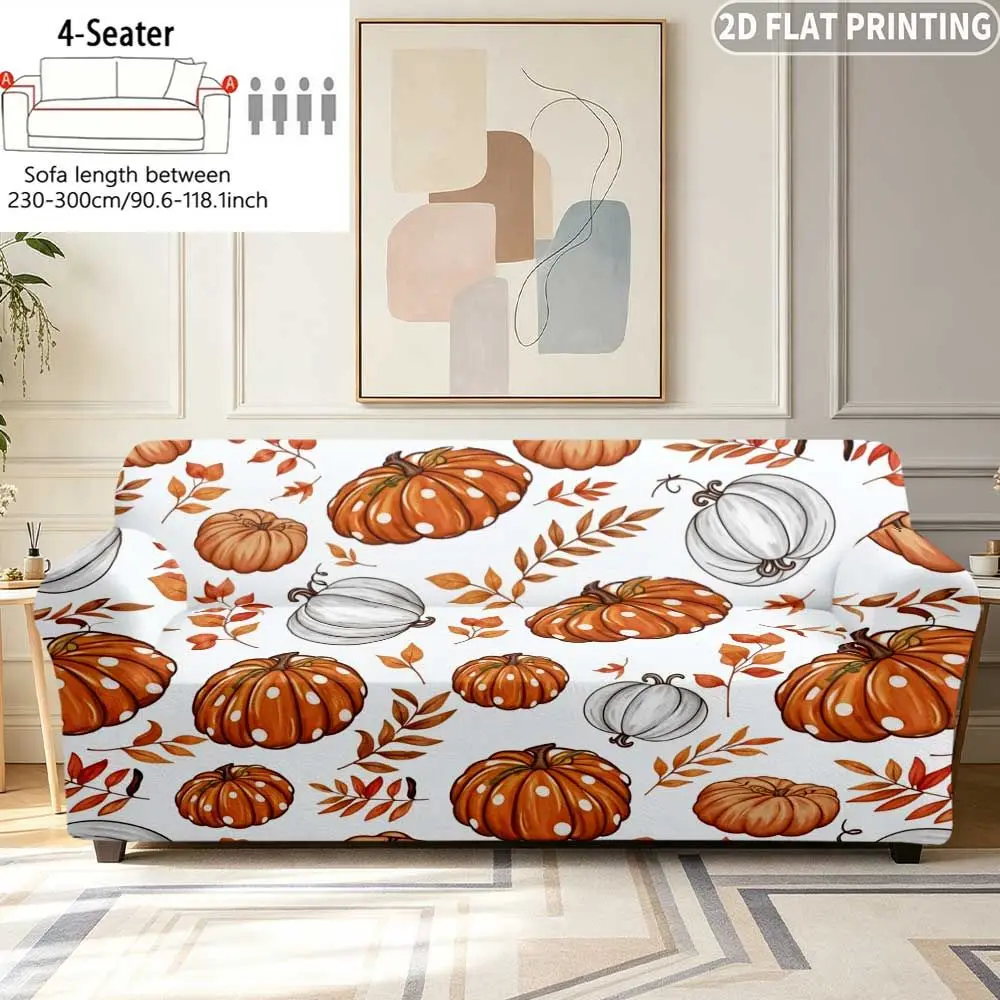 1pc Elastic Sofa Cover Autumn Pumpkins And Leaves Pattern Print Design,  Single/Double/Three/Four-Person/Sleeper Sofa Halloween,