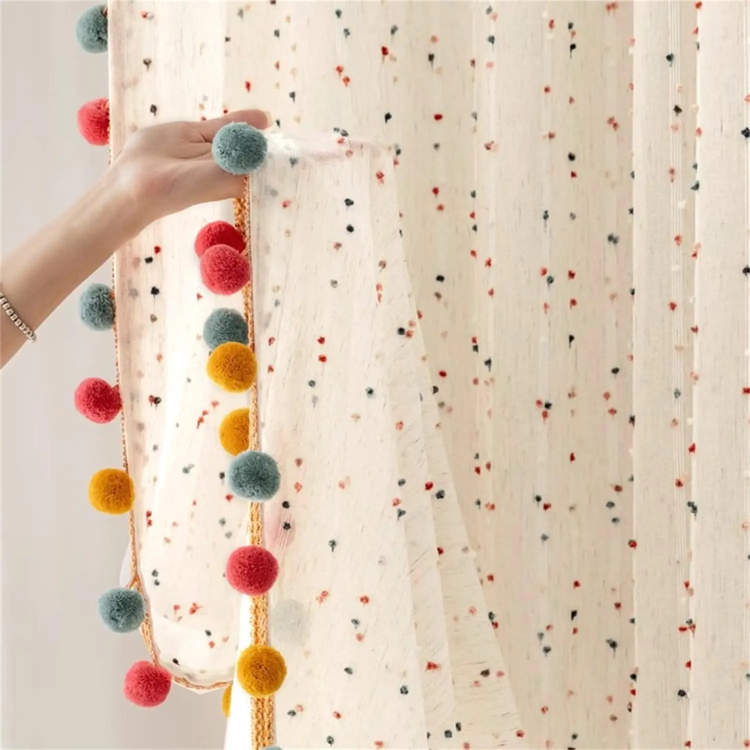 

Boho Rainbow Sheer Curtain with Colorful Pom Pom Voile Drapes Light Filtering Rod Pocket Window Panels for Bedroom Nursery 2
