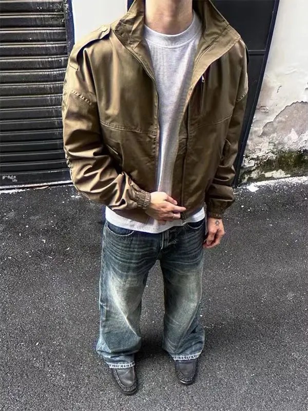 

Retro American Khaki ort Jaet Loose Fit Casual Stand Collar Workwear for Men And Women Spring Autumn ular Leisure