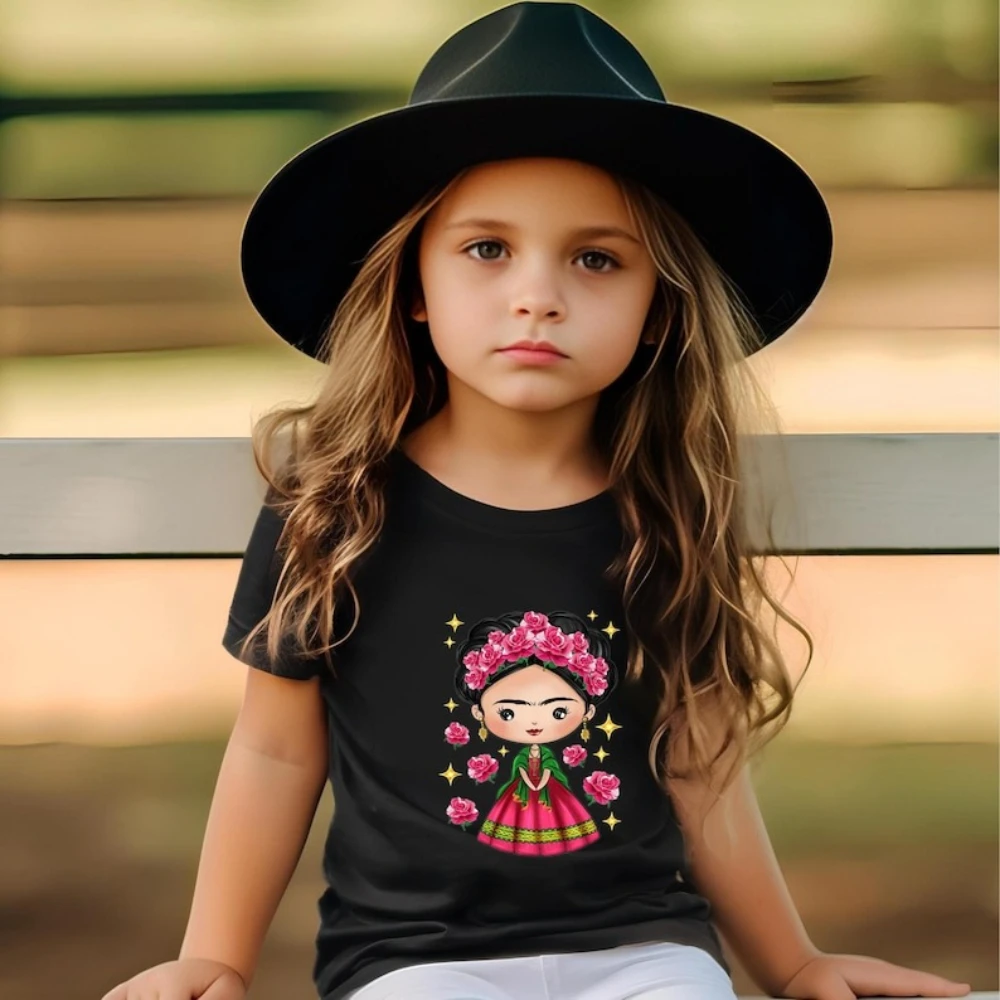 Little Frida Shirt Süßes Mexikanisches Mädchen-T-Shirt Mexikanische Traditionelle Kultur Shirt für Kinder Mädchen Alltag Lässiges Baumwoll-Shirt