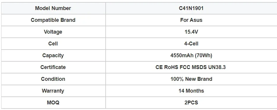 Batteria C41N1901 Per Asus ZenBook Duo UX481 – 15.4V 70Wh, Sostituzione Per UX481F/UX4000F