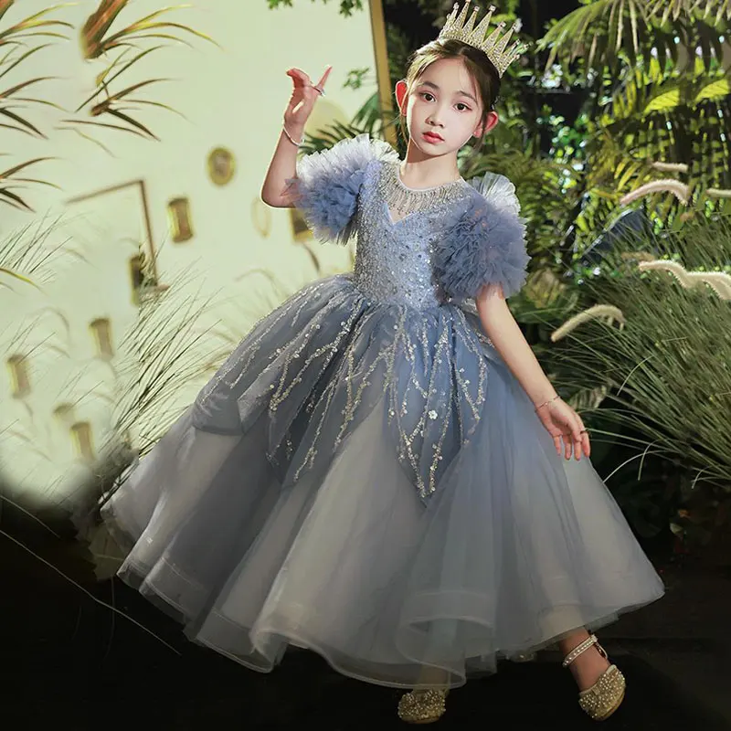 Very Elegant Evening Ball Gown for Little Girls Sequin Beading Tutu Princess Dress Kids Birthday Party Puffy Lush Long Outfits