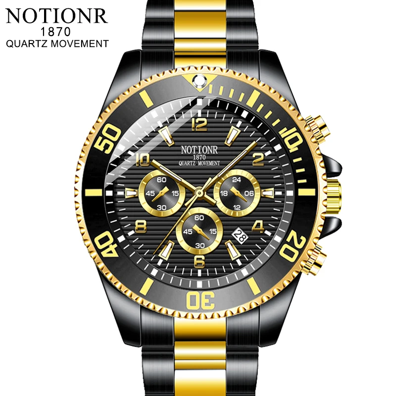 NOTIONR Fashion Men\'s Watches for Men Stainless Steel Quartz Wristwatch Man Business Watch Luminous Clock montre homme