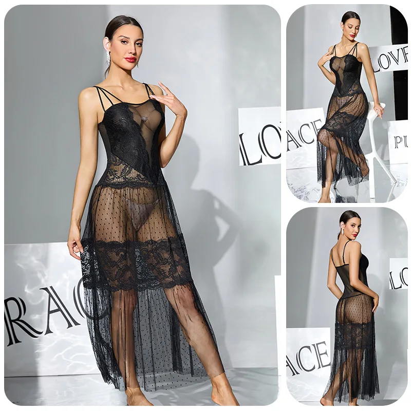 Sexy Perspective Lace Long Nightgown Home Clothing Female Mesh Sleepwear Nighty Nightdress Loungewear