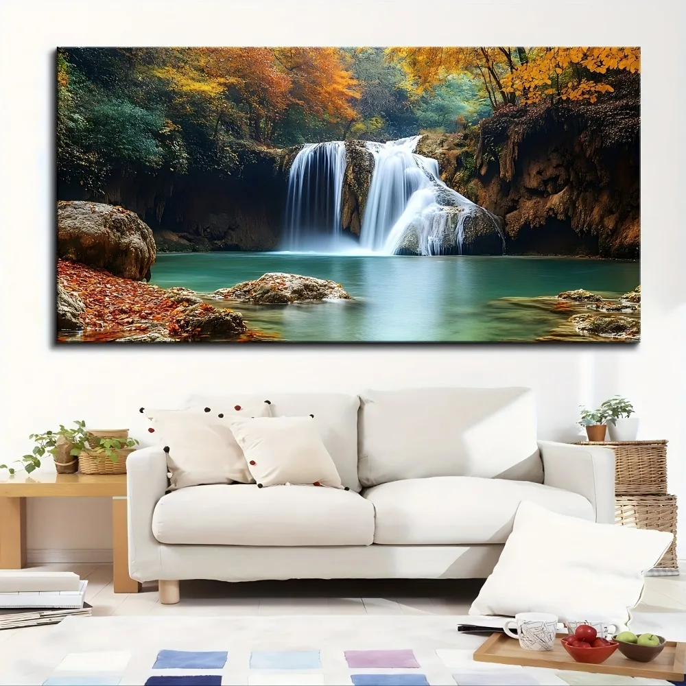 1.5 inch thick pine solid wood frame, forest mural, natural waterfall landscape, wall decoration, tree waterfall landscape