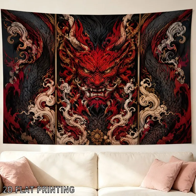 Mythical Red Dragon Wall Tapestry, Fierce Dragon Head & Swirling Cloud Waves, Oriental Ukiyo-e Art Hanging for Living Room