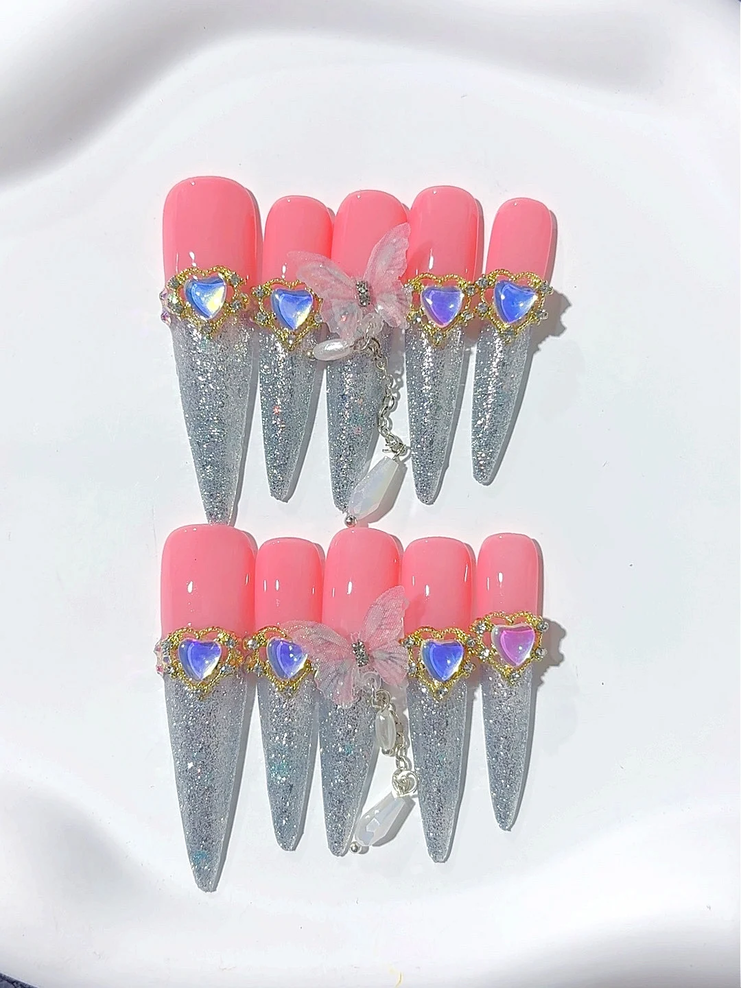 

French Sparkling Heart Butterfly Sweet Style Fashionable Wearable Manicure (M089)