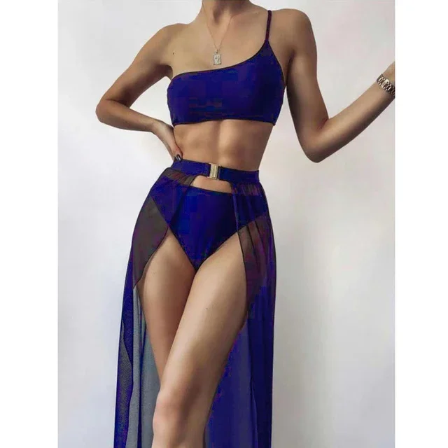 Three Pieces Bikini Set Swimsuit With Cover Ups Beach Cover Up Skirt Swimwear Female Backless One Shoulder Swimwear female Skirt