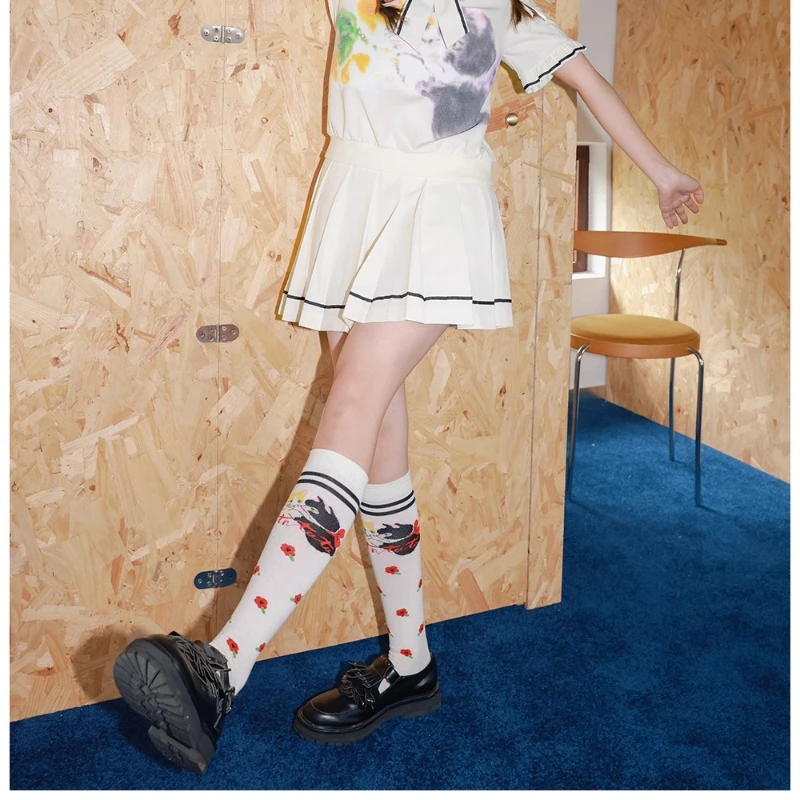 Japanese Design White Cute Animal Floral Women's Calf Socks Autumn New Sports Playful Versatile Cute Mid-Calf Hosiery Ladies