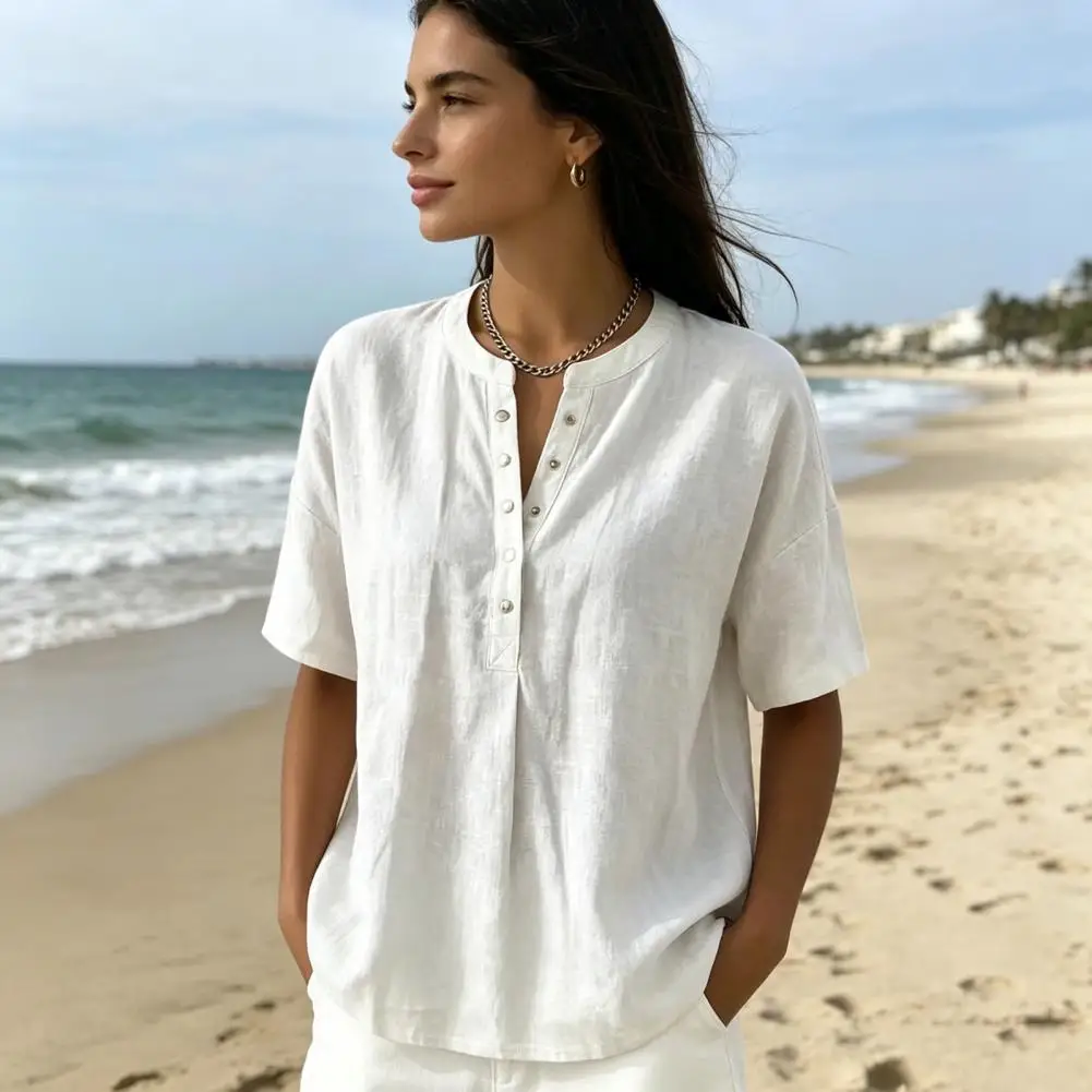 Women's Linen Blend Neck Blouse Short Sleeve Casual Loose Solid Color Summer Top