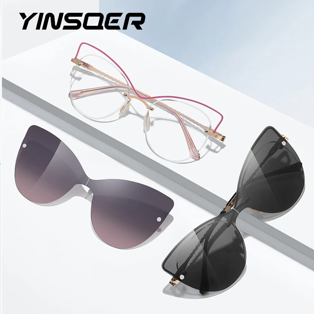 

Women Frameless Optical Sunglasses Fashion Hollow Out Cat Eye Glasses Magnetic Clip Polarized Lenses Reading Spectacle Frame