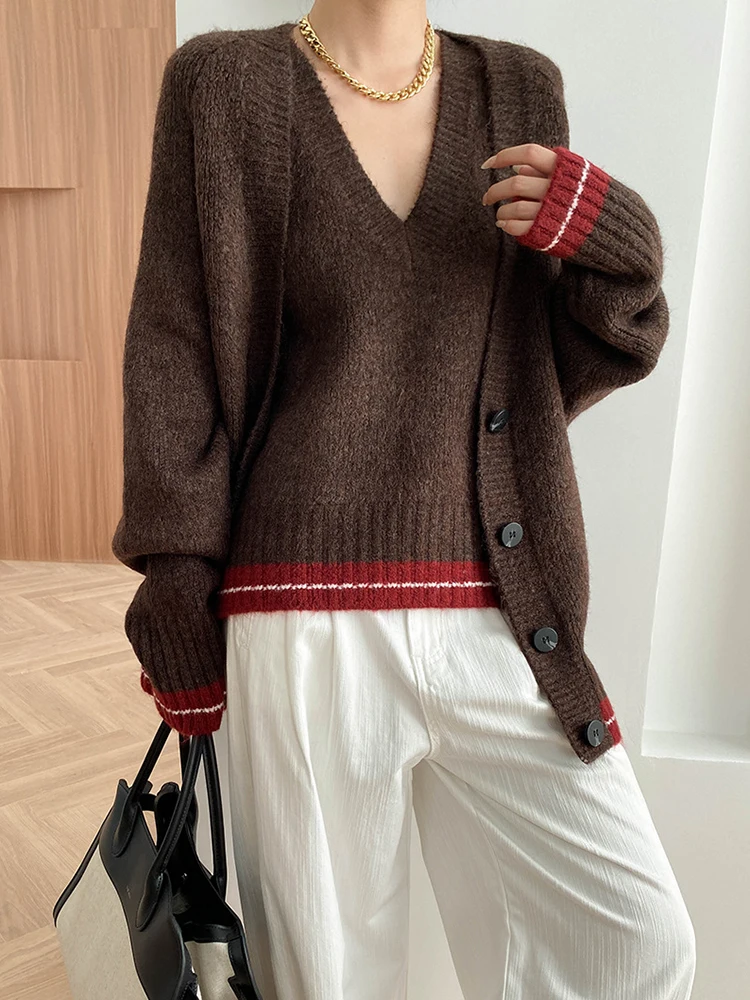 [LANMREM] Fashion Knitting 2 Piece For Women V Neck Fit Vest Cardigan Long Sleeve Loose Coats Female 2024 Autumn New 26C524