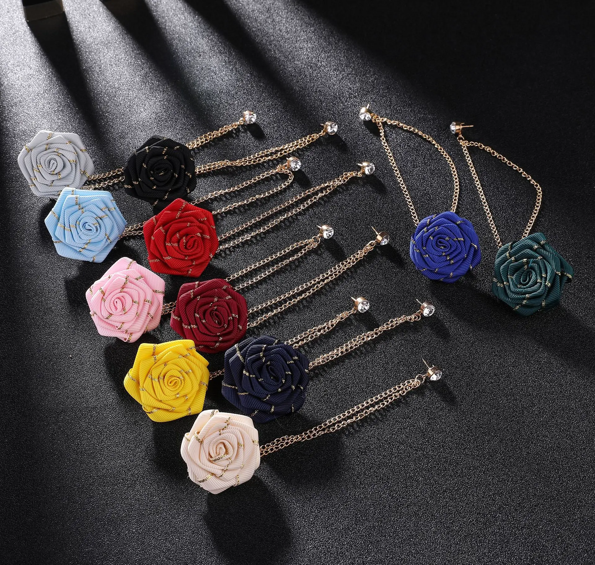 Korean Style Handmade Rose Flower Brooch Pin for Men Wedding Groomsmen Tassel Chain Lapel Accessory Cloth Art Suit Badge
