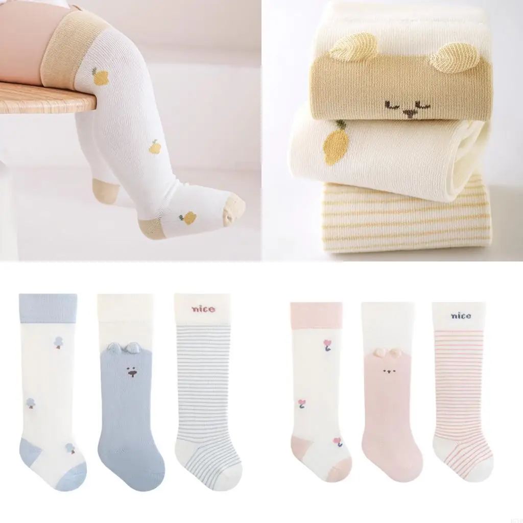 

D7YD Pack of 3 Pair Combed Cotton Baby High Tube Socks For Fall Play Reinforced Toe