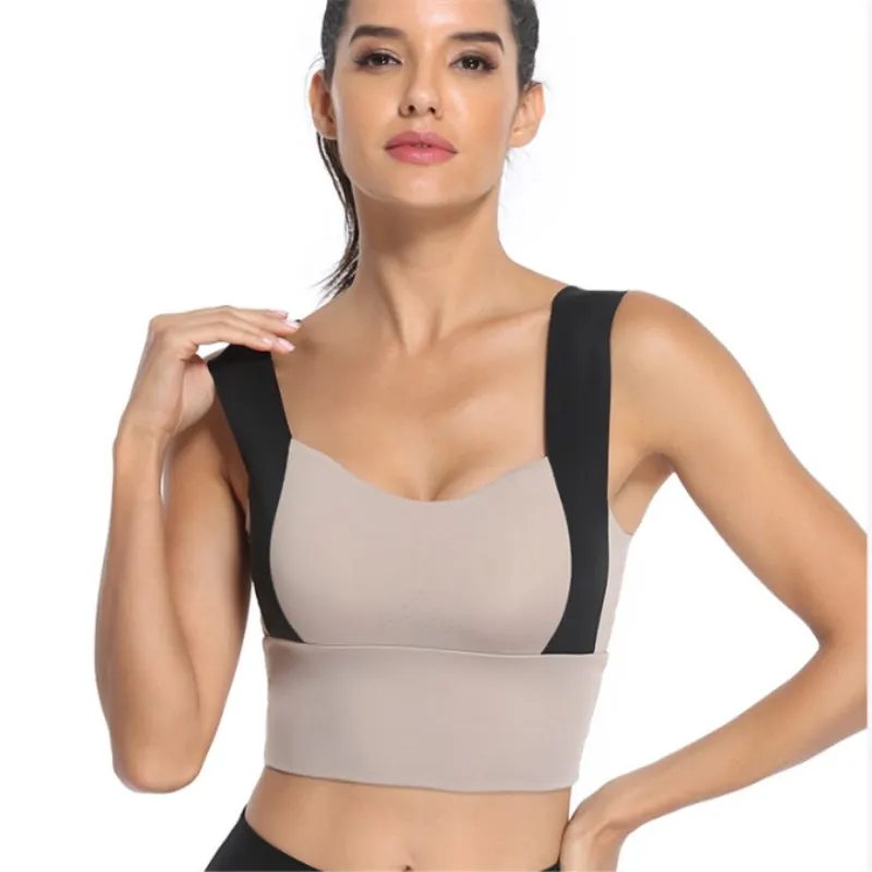 Color Blocking Large Size Sports Underwear Women's  Gather Beautiful Back Wear Fitness Vest Shockproof Running Yoga Bra Khaki