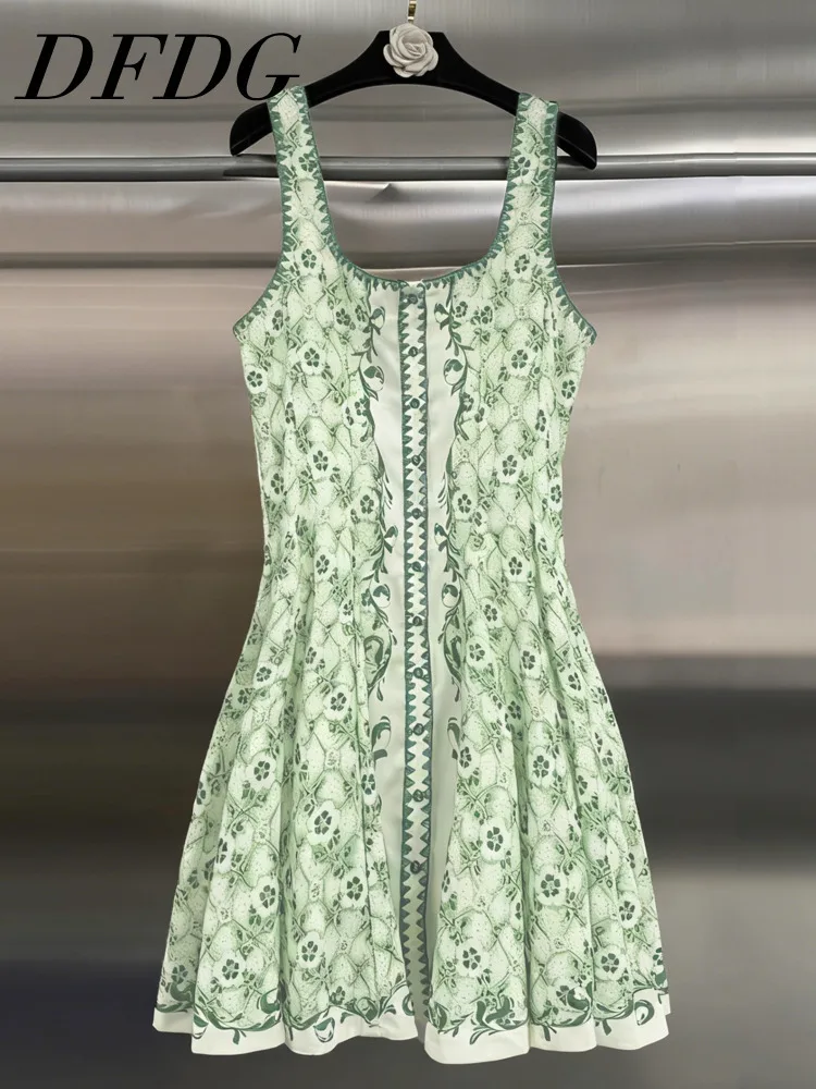 

DFDG Women’s 2025 Spring Summer Emerald Vintage Collar Dress Irregular Print Waist Defined Square Neck Dress Casual Party Dress