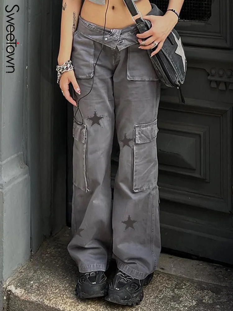 

Sweetown Star Print Y2K Denim Pants Multi-Pockets American Retro Gray Cargo Jeans Woman Low Waist Straight Leg Streetwear Jean