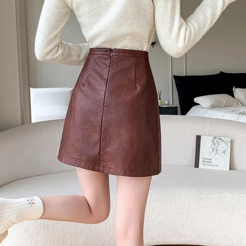 Ladies New Fashion PU Leather Mini Skirt Korean Style Autumn Winter High Waist A-line Skórzane spódnice damskie Casual Short Skirts