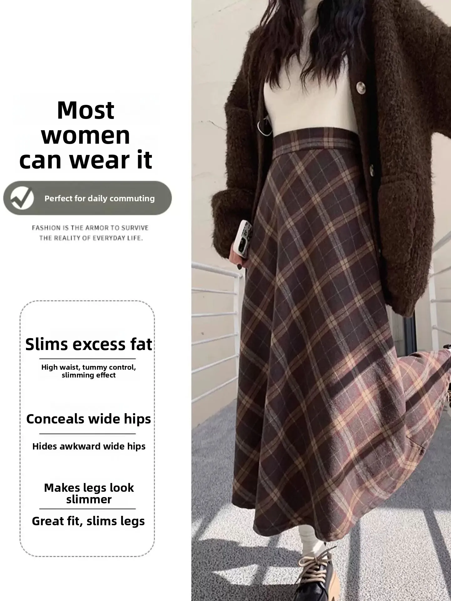 Retro Plaid A-Line Skirt Women's Autumn Winter plus Size High Waist Loose Slimming Half-length Skirt Standard Fit Elastic Waist