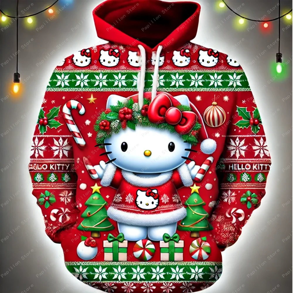 Hello Kitty Tree Friend Pullover Hoodie Women Santa Claus Tree Girls Tee Top Clothes Sweatshirts Hoodie Halloween Gift Christmas