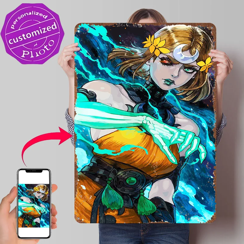 Goddess With Glowing Hand and Fiery Eyes Poster Retro 3D Printed Metal Signs Customized Wall Hanging Gift for Decoration Garage