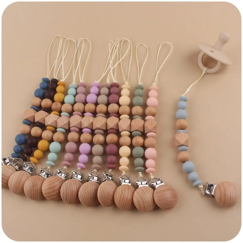 Dummy Clips Pacifier Holder Clips Octagonal Space Beads Soother Holder Baby Pacifier Chain Nipple Holder Clips Wood
