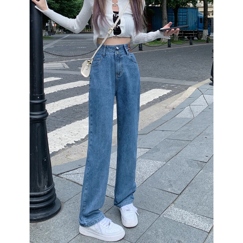الرجعية واسعة الساق مستقيم قطع الجينز المرأة حجم كبير فضفاضة تناسب عالية الخصر السراويل الطويلة الخريف Faion المضادة للتجاعيد اللون العميق #2