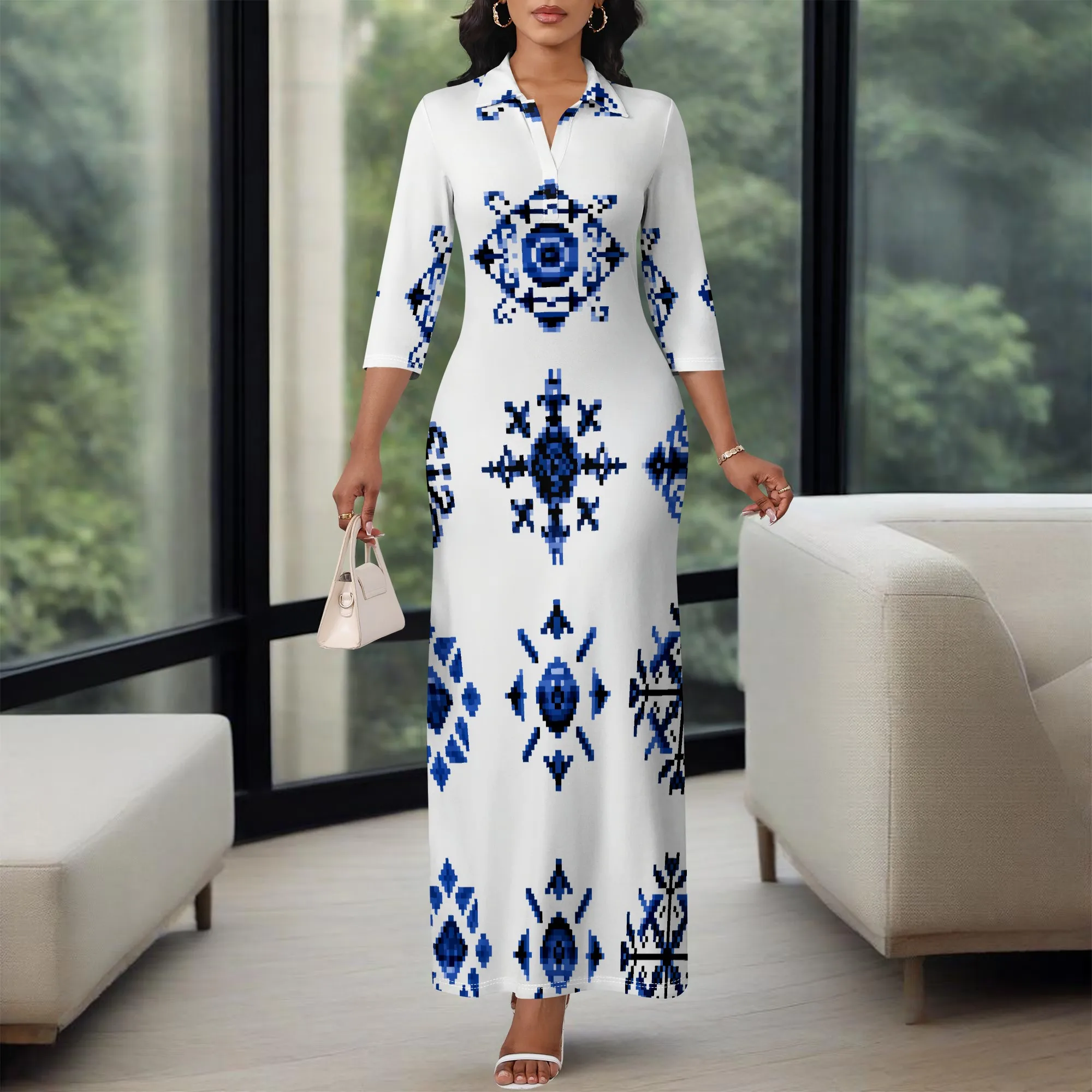 

Blue Pixel Tribal Print Maxi Shirt Dress XS-3XL 3/4 Sleeve Long Style for Heritage Day, Church or Art Brunch Look
