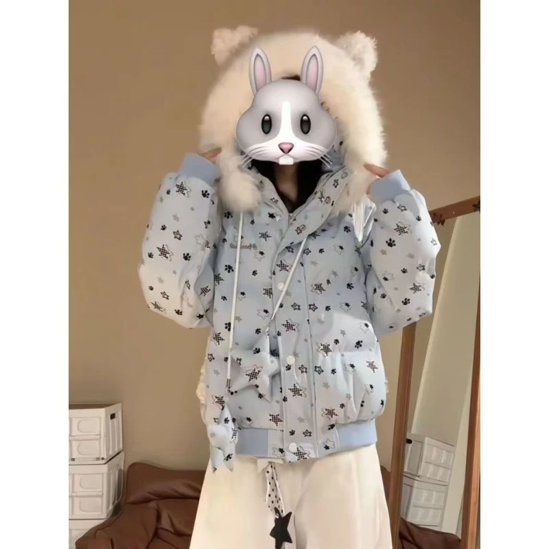 

New Korean style design star fur collar cotton jacket for women in winter new versatile loose lazy style hooded bread jacket