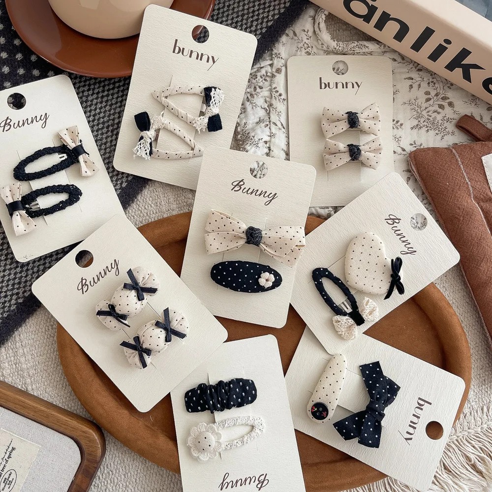 

2pcs/set Black and White Polka Dot Hair Clip Bow Children's Hairpins Fabric Lace Love Bangs Side Clip Kids Girl Hair Accessories