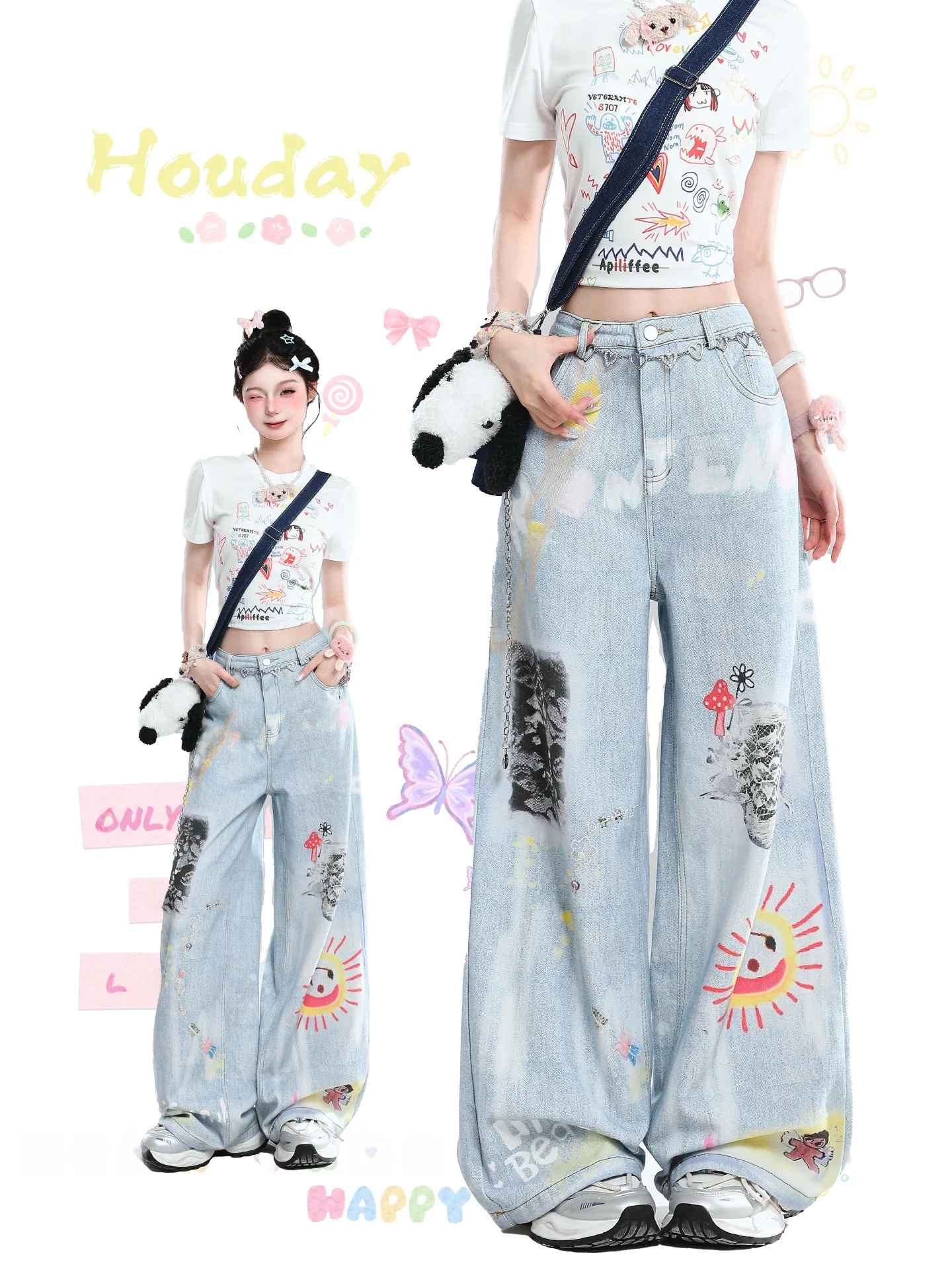 Retro American Graffiti Print Straight Leg Jeans Women Summer New Loose Versatile Draping Floor-Length Pants Casual Denim