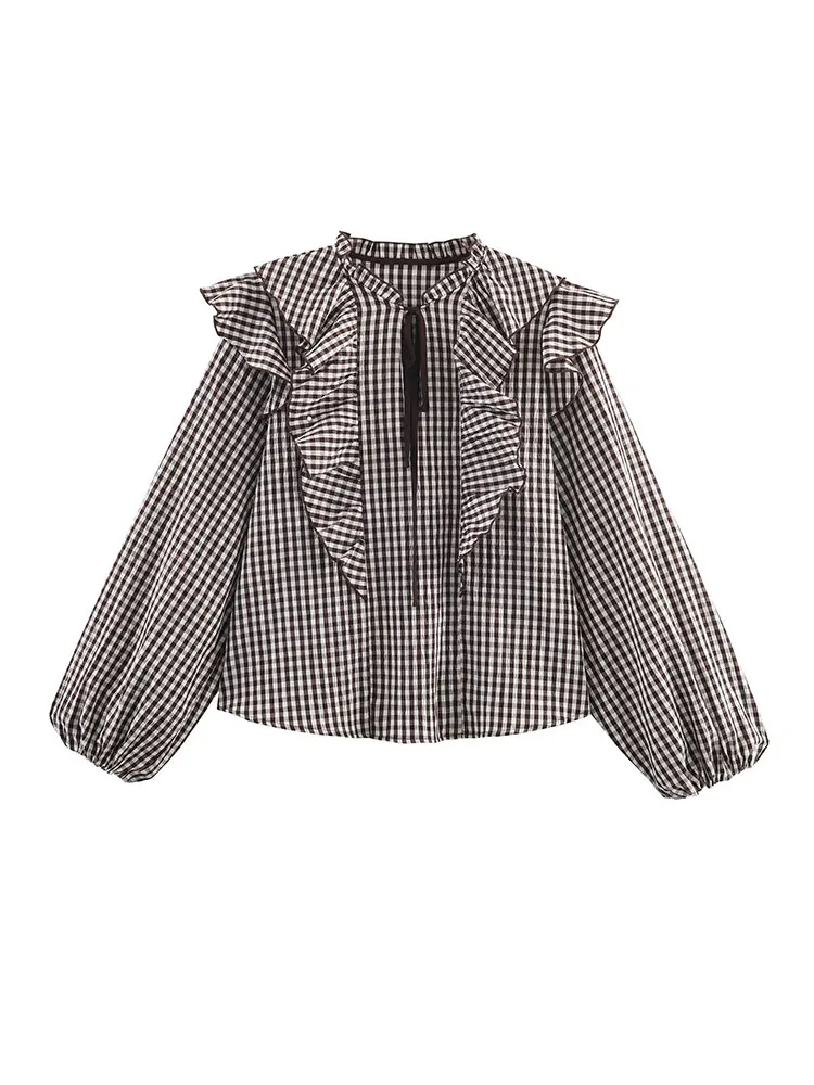 HH Female Vintage Spring Crew Neck Plaid Stacked Decorative Long-Sleeved Casual Shirt Women Fashion Temperament Loose Top Mujer