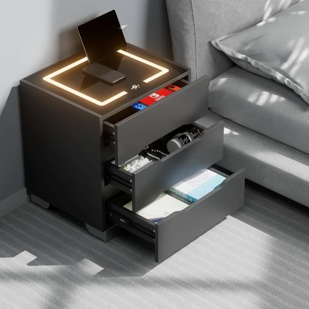 Modern Bedside Table with LED Lights, Charging Station and Smart Occupancy Sensor with Drawers for Bedroom Furniture White