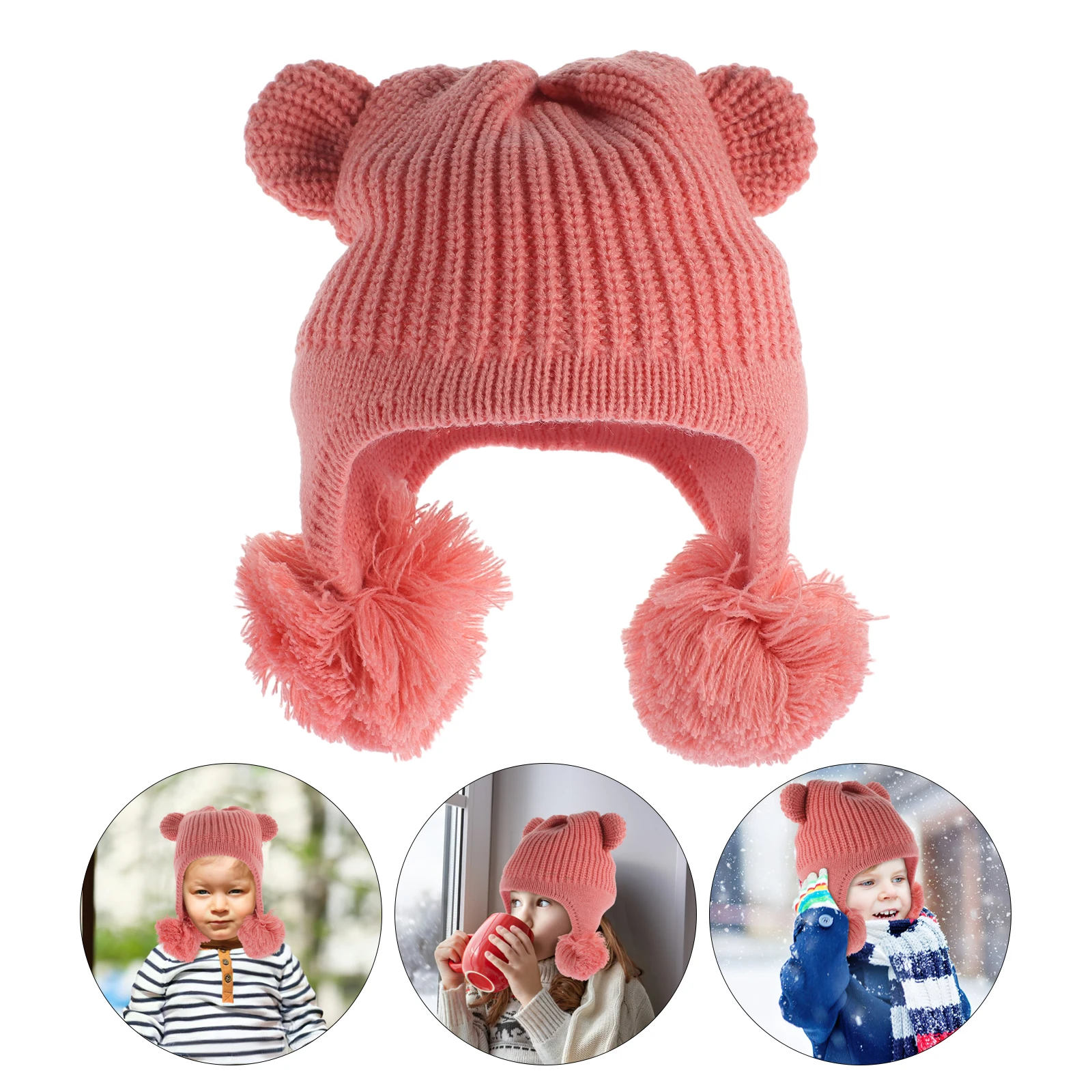 

Kids Winter Knitted Hat Cute Warm Bear Style Furry Ball Decor Toddler Windproof Comfortable Cap For Cold Weather
