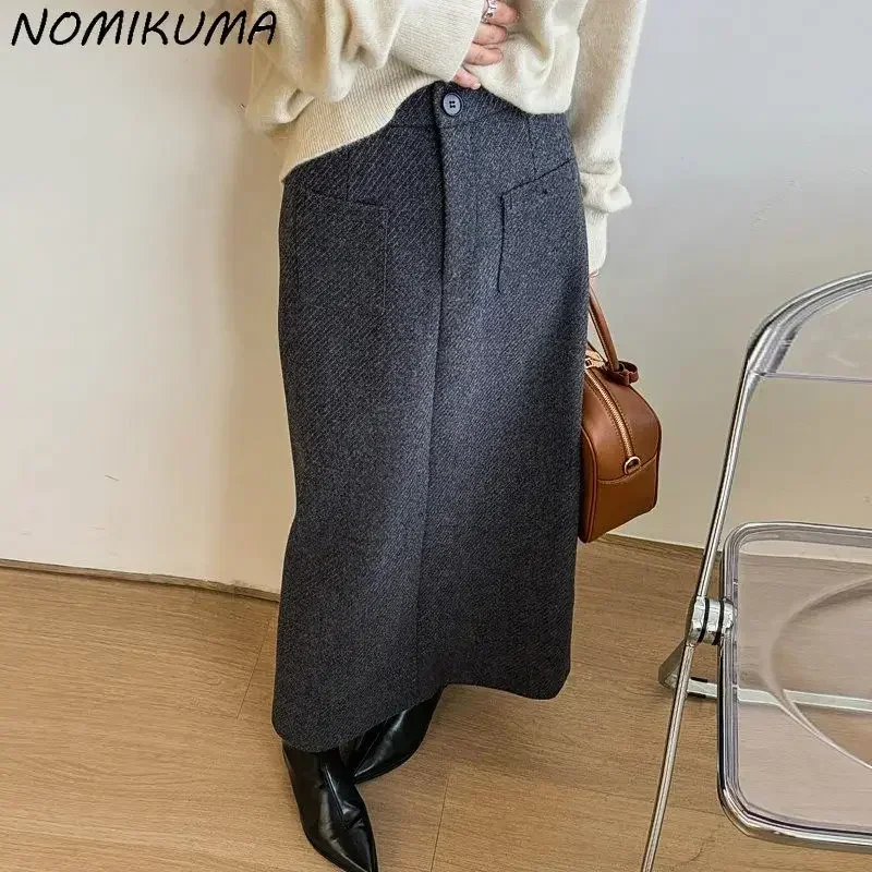 Nomikuma Thickened Woolen Skirt for Women's Autumn Winter New High Waist Slimming A-line Back Split Long Skirts Mujer Faldas