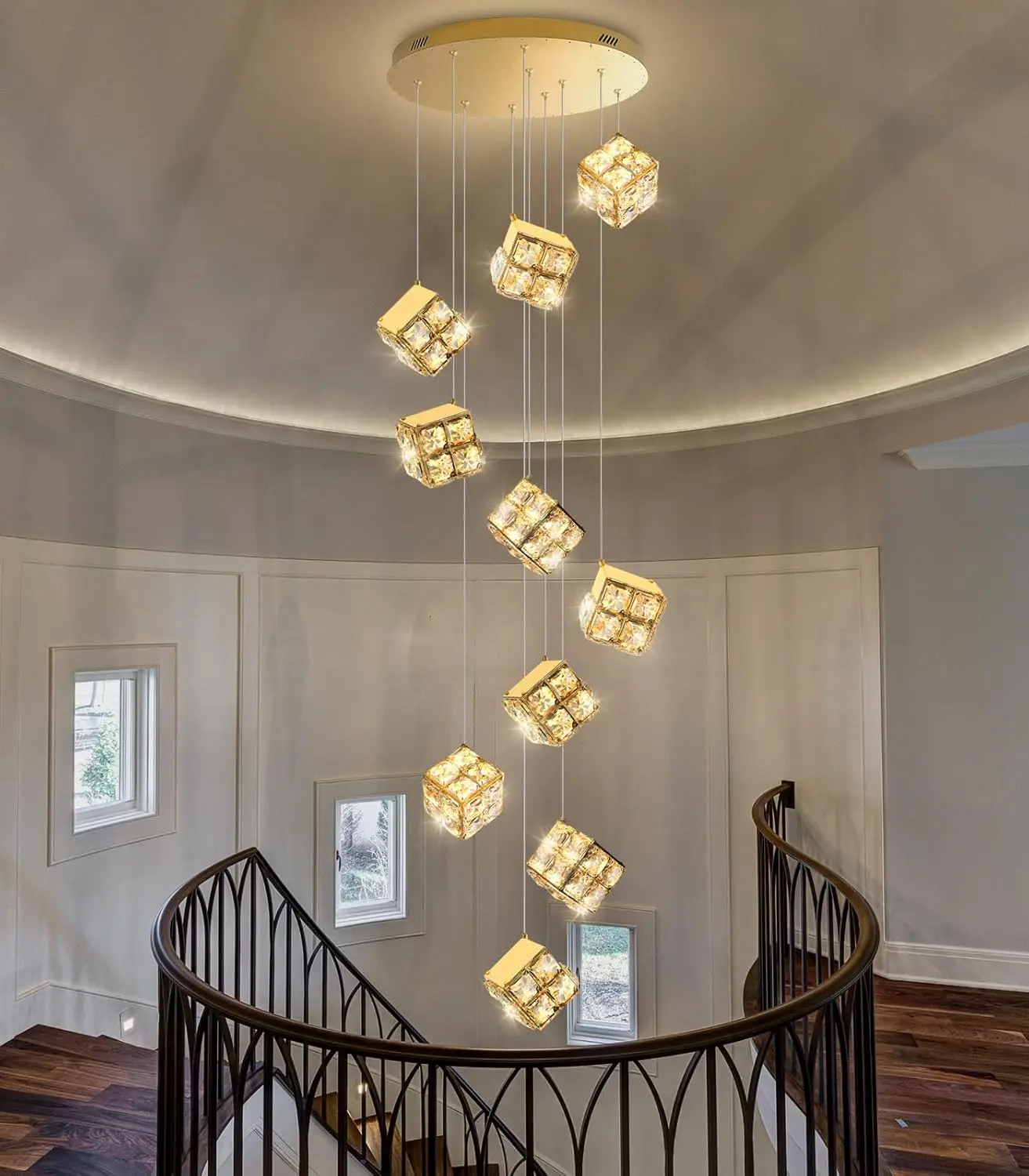 High Ceiling Chandeliers Modern Crystal Chandeliers for Foyer LED Dimmable Adjust Height Handing Light Fixture 3000K 6000K