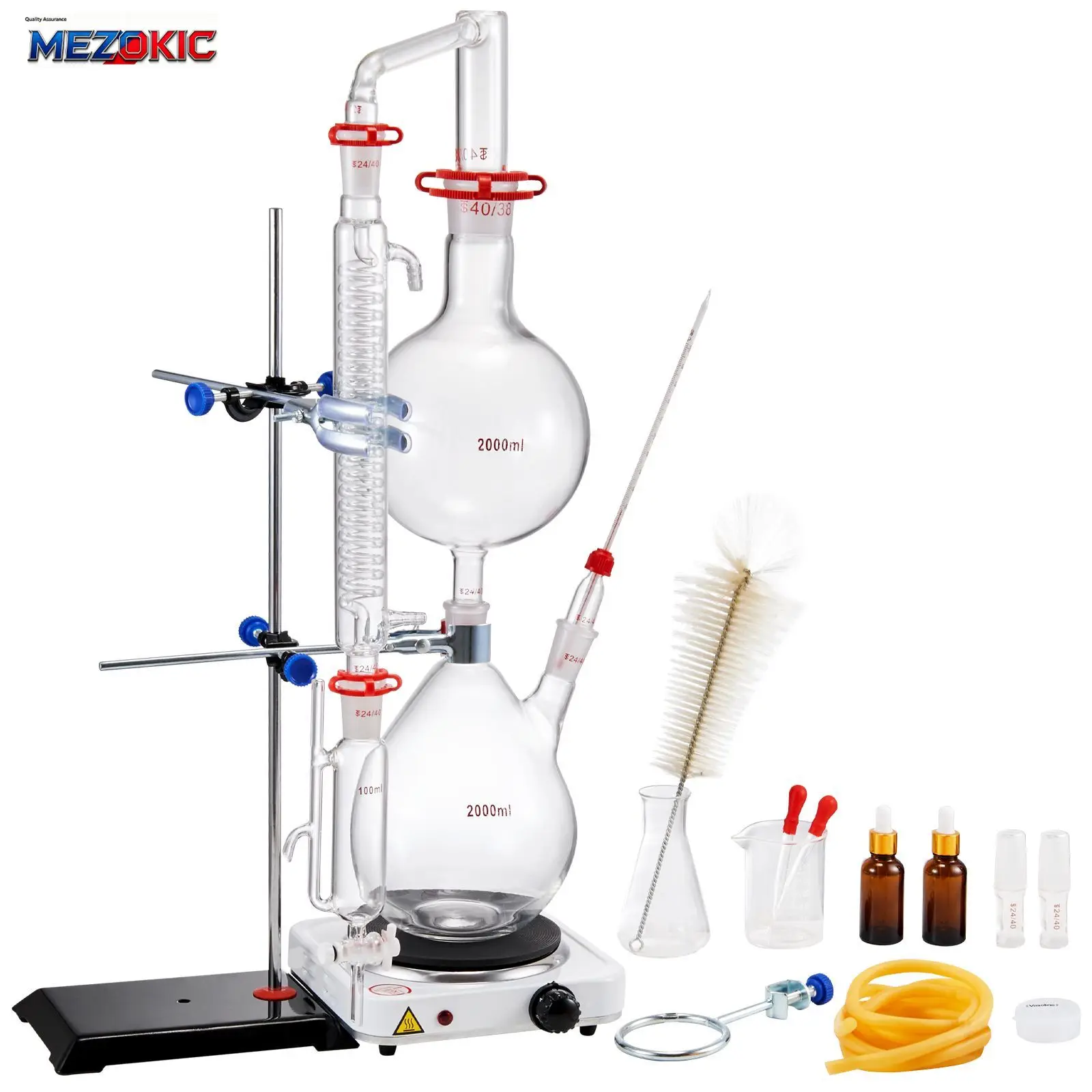 Kit de Destilación de Aceites Esenciales, Aparato de Destilación de 2000 ml, Kit de Destilación de Vidrio Borosilicato 3.3 con Placa Calefactora de 1000 W y Juntas 24/40, Juego de 28 Piezas