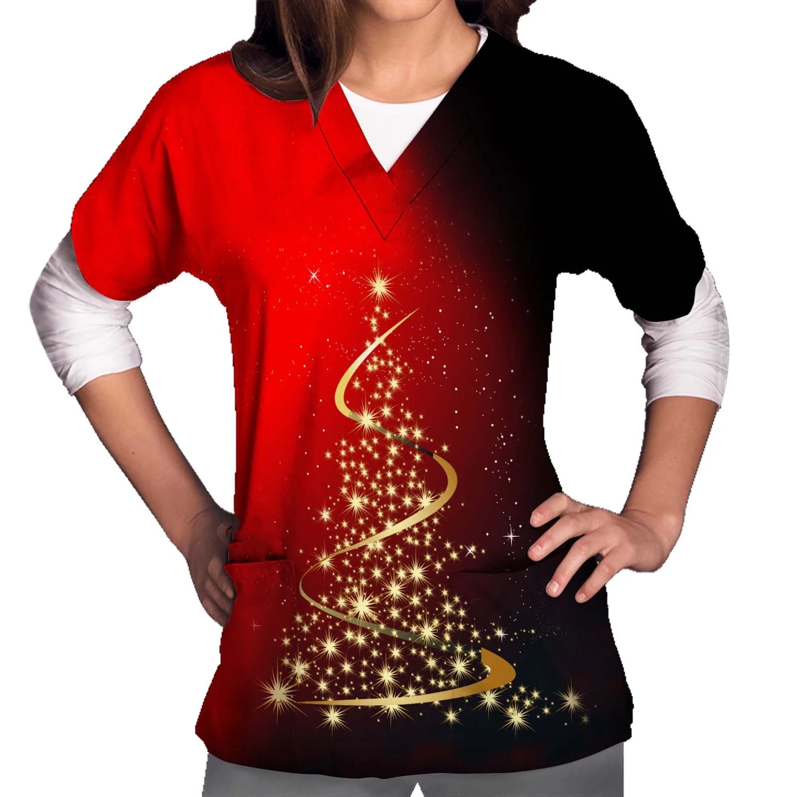 Women's Medical Uniforms Christmas Tree Print Health Care Nurse Casual V-Neck Short Sleeve Patch Pocket Surgical Uniform Woman