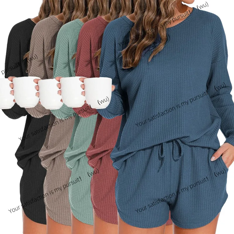ZOCI-Conjunto de pijama de punto tipo gofre para mujer, top de manga larga y pantalones cortos con traje informal, se puede usar fuera de la ropa de descanso