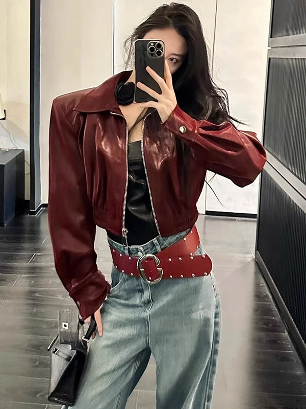 ヴィンテージワインレッドPUレザーJaet ort Sleターンダウンカラー女性用アウターウェア春ファイオン通勤ルーズフィットジッパー